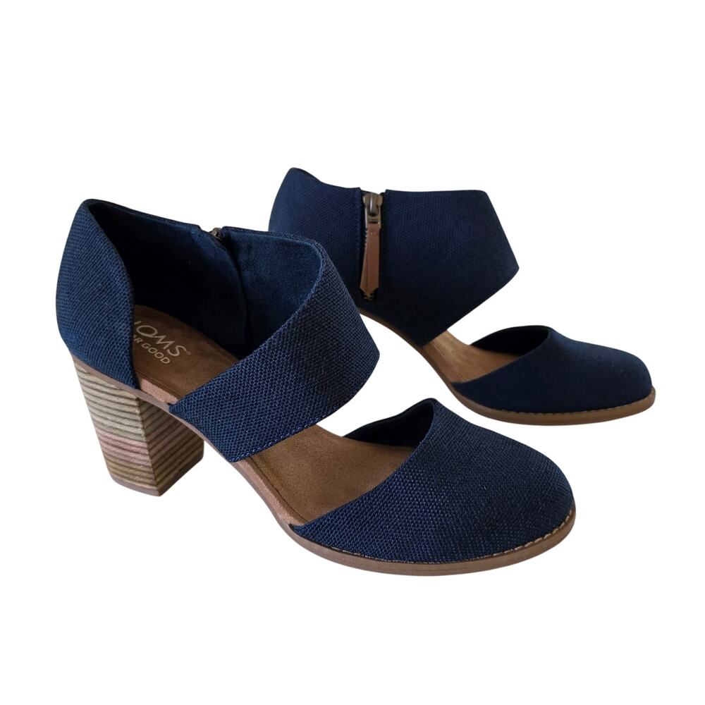 TOMS Majorca Closed Toe Heels Navy Blue Women Size 8.5 Canvas Block Heel Comfort
